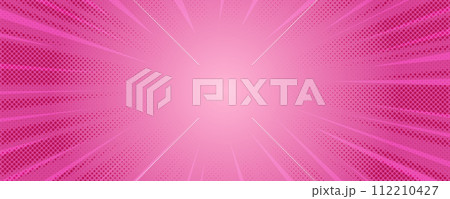 Pink comic background. Cartoon pop art burst rays pattern. Abstract radial texture frame with stars. Vector retro superhero explode with halftone effect 112210427