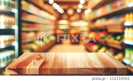 empty wooden table with beautiful grocery store background 112210501