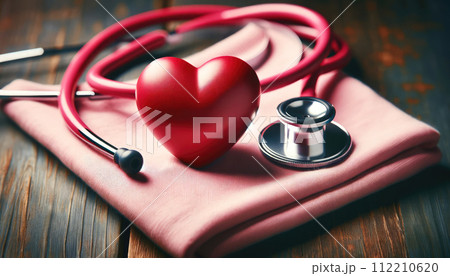 red heart on pink fabric on a wooden surface with stethoscope 112210620