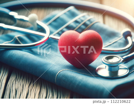 red heart on blue fabric on a wooden surface with stethoscope 112210622