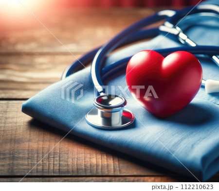 red heart on blue fabric on a wooden surface with stethoscope 112210623