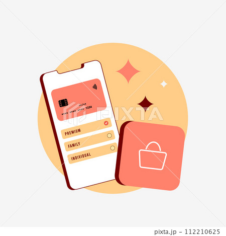 Manage In-app purchases - IAP. Digital transactions, auto-renewable subscriptions and automatic application mobile store payments. Isolated vector illustration on white background with icons 112210625