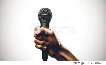 hand firmly holding a microphone on white background 112210626