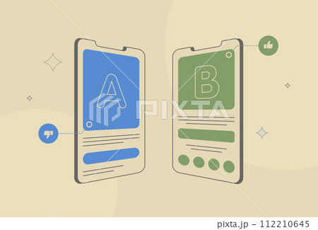 AB testing graphics, mobile app split test comparison icons, data analysis and experiment results, marketing strategy visualization, conversion rate optimization illustration with icons 112210645