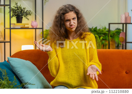 Child kid girl asking why, what reason of failure, demonstrating disbelief irritation by troubles 112210880