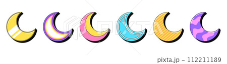 Isolated retro crescent icon set, vector stickers. Half moon, magic dream, night and sleep time, moon phase. Outline 3d crescents with pattern. Retro design elements for ads and pop culture 112211189