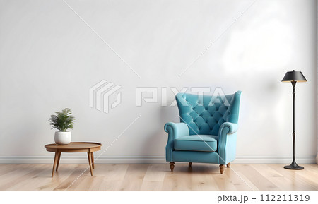 The interior has armchair on empty white wall background 112211319