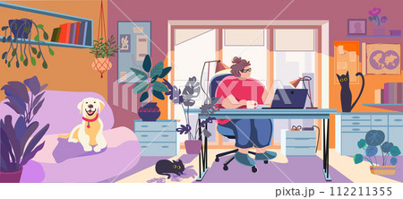 Fat woman working on a laptop while sitting at the table in a cozy interior. Dog and cat. Pet friendly. Adult or young programmer guy wearing casual plus size wear. Vector illustration 112211355