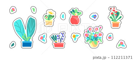 Sticker set of spring indoor plants. Flowers and leaves in the pot. Flowering plants. Blooming flowers and foliage. Flat graphic vector illustration on white background. Colorful hand drawn 112211371