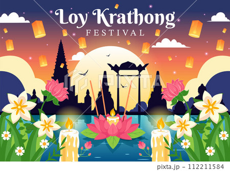 Loy Krathong Vector Illustration of Festival Celebration in Thailand with Lanterns and Krathongs Floating on Water Design in Flat Cartoon Background 112211584