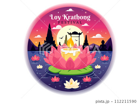 Loy Krathong Vector Illustration of Festival Celebration in Thailand with Lanterns and Krathongs Floating on Water Design in Flat Cartoon Background 112211590