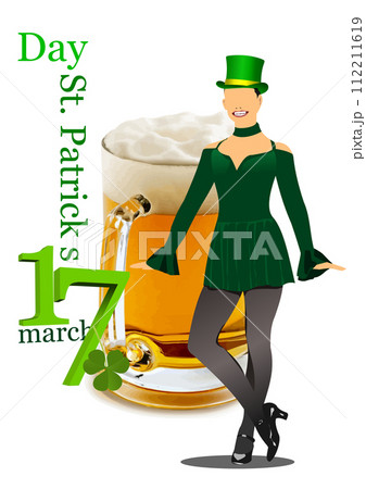 St. Patrick's Day. Girl in green hat and pint of beer. 3d vector illustration St. Patrick's Day. Girl in green hat and pint of beer. 3d vector illustration 112211619
