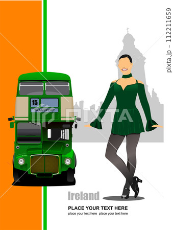 Vintage green bus and riverdance girl. Vector  illustration. 112211659