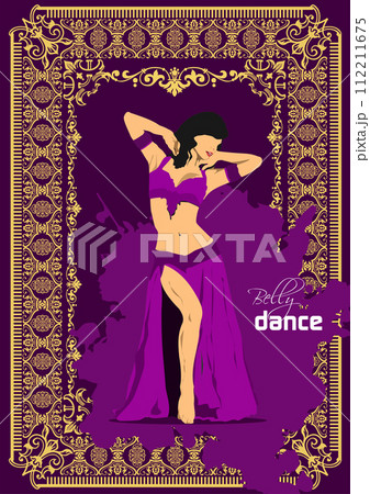 Belly dancer on old frame background. Attractive girl dances east dance. Purple dress. 3d vector color illustration Belly dancer on old frame background. Attractive girl dances east dance. Purple dress. 3d vector color illustration 112211675