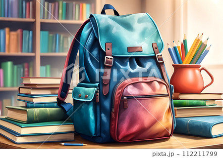 watercolor of school books textbooks backpack with library backg 112211799