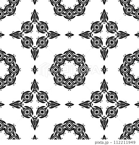 Black and white vintage seamless pattern. Floral ornamental monochrome damask background. Black and white vintage seamless pattern. Floral ornamental monochrome damask background. 112211949