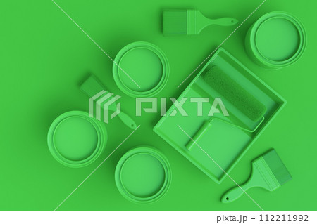 Set of metal cans or buckets with paint roller and tray on monochrome background 112211992