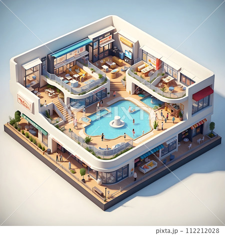 Shopping mall with cutaway isometric low poly art 3d style Shopping mall with cutaway isometric low poly art 3d style 112212028