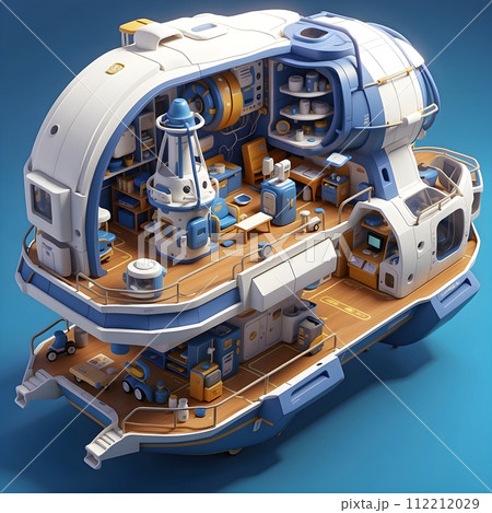 Inside deep-sea research vessel with cutaway isometric low poly Inside deep-sea research vessel with cutaway isometric low poly 112212029