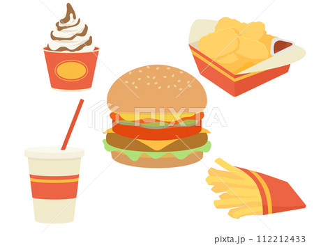 ハンバーガーとポテトやナゲットなどのイラスト	 112212433