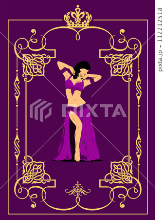 Belly dancer. Attractive girl dances east dance. Purple dress. 3d vector color illustration 112212518
