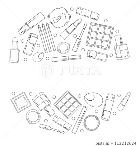 Vector round frame with hand drawn black outline makeup elements for text. Vignette with cosmetics 112212624