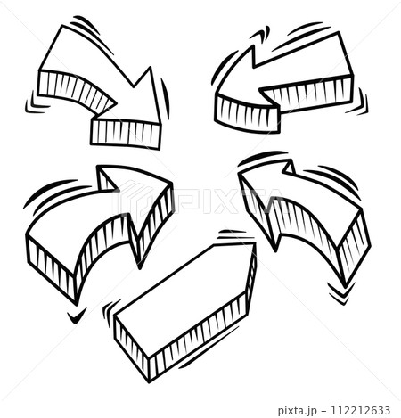 Vector set of arrows. Hand drawn 3d geometric curved pointers. Isolated bold doodles for design 112212633