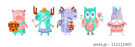 Funny Animal Celebrate Happy Birthday Holiday Vector Set Funny Animal Celebrate Happy Birthday Holiday Vector Set 112212905