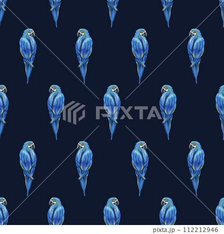 Tropical sitting bright juicy blue-yellow macaw parrot. Hand drawn watercolor botanical illustration. Seamless pattern on a white background Tropical sitting bright juicy blue-yellow macaw parrot. Hand drawn watercolor botanical illustration. Seamless pattern on a white background 112212946