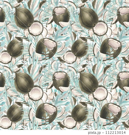 Tropical turquoise leaves with different shapes and pieces of coconut. Watercolor illustration. Seamless pattern from the COCONUT collection. For fabric, textiles, wallpaper, packaging, menus recipes Tropical turquoise leaves with different shapes and pieces of coconut. Watercolor illustration. Seamless pattern from the COCONUT collection. For fabric, textiles, wallpaper, packaging, menus recipes 112213014
