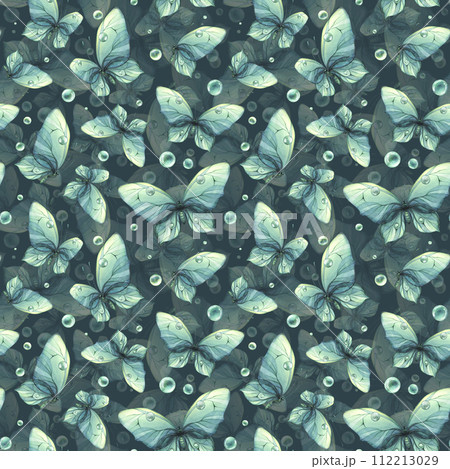 Delicate turquoise and blue butterflies with bubbles are airy, light, beautiful. Hand drawn watercolor illustration. Seamless pattern on a dark background for fabric, textiles, wallpaper, packaging 112213029