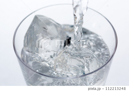 氷の入ったグラスに水を注ぐ 112213248