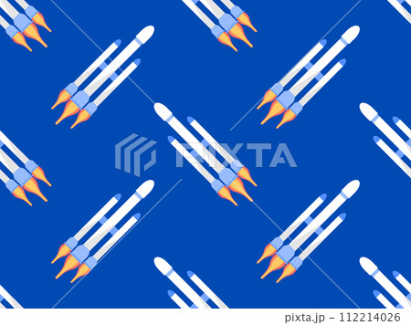 Spaceships seamless pattern. Orbital launch vehicle. Space rockets in flat style. Spaceships for space exploration and interplanetary flights. Design for banners and posters. Vector illustration 112214026