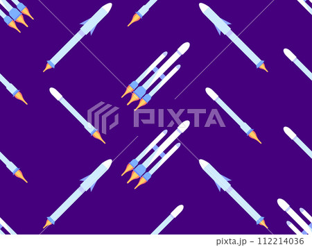 Spaceships seamless pattern. Orbital launch vehicle. Space rockets in flat style. Spaceships for space exploration and interplanetary flights. Design for banners and posters. Vector illustration 112214036
