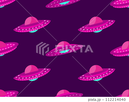 Seamless pattern with alien spaceships. Background with UFO and space flying saucers. UFO in the form of a saucer with lights. Design for print, banners and advertising. Vector illustration Seamless pattern with alien spaceships. Background with UFO and space flying saucers. UFO in the form of a saucer with lights. Design for print, banners and advertising. Vector illustration 112214040