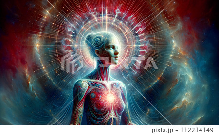 Expansive Consciousness and Cosmic Energy Within Human Form - Abstract Spiritual and Astral Concept Art. Background Illustration for Mind, Soul and Chakra Topics. Expansive Consciousness and Cosmic Energy Within Human Form - Abstract Spiritual and Astral Concept Art. Background Illustration for Mind, Soul and Chakra Topics. 112214149