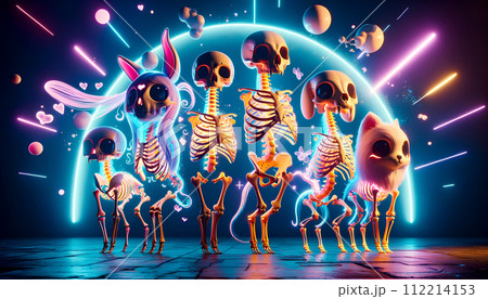 Neon Glow Modern Skeletons Funny Background for Event Aesthetic Decoration. Music Dance Party Banner in an Otherworldly Cosmic Space Fantasy Style. 112214153