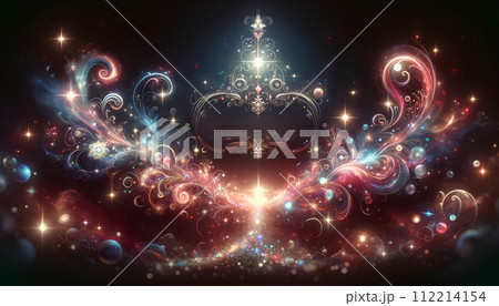 Enchanting Cosmic Fantasy Background with Ornate Swirls and Galactic Stardust - Aesthetic Banner for Decorative Design. 112214154