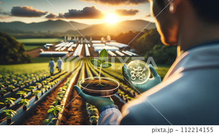 Innovative Sustainable Agriculture: Scientist Nurturing Plant Growth with Biotechnology in a High-Tech Farming Environment. Innovative Sustainable Agriculture: Scientist Nurturing Plant Growth with Biotechnology in a High-Tech Farming Environment. 112214155