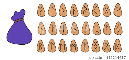 Set of runes and cotton pouch bag. Collection of hand drawn doodle of runic old Norse Scandinavia symbols on stone. Vector flat illustration of Celtic glyphs. Icons for website, book, game design. Set of runes and cotton pouch bag. Collection of hand drawn doodle of runic old Norse Scandinavia symbols on stone. Vector flat illustration of Celtic glyphs. Icons for website, book, game design. 112214417