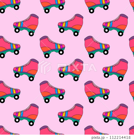 Seamless pattern with cute colorful retro roller skates. Vintage style 90s, 80s, 70s background. Vector flat illustration. 112214418