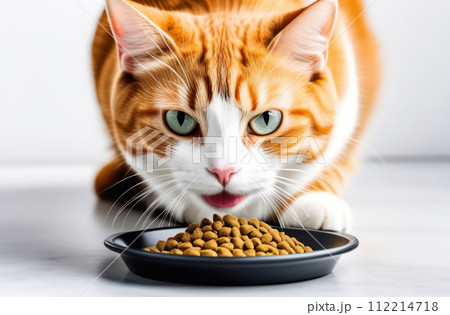 Cat Eating from Bowl. Young Cat Eats Food, Licking Tongue. Feline Feeding Isolated White Solid Background. Ginger Cat Eating Meat. Front View. Pet Food Banner. Domestic Animals Meal. Space for text 112214718