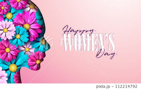 Happy Women's Day Floral Illustration. 8 March International Womens Day Vector Design with Spring Colorful Flower in Young Woman Face Silhouette on Light Background. Women or Mother Day Theme Template 112214792