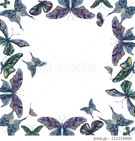 Hand drawn watercolor illustration butterfly fairy wings gem crystal insect moth. Amethyst emerald fluorite moonstone. Square frame isolated on white background. Design print, shop, wedding, birthday 112214808