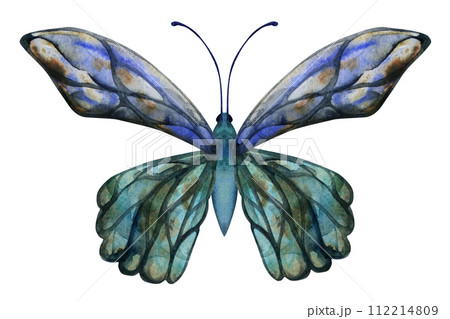 Hand drawn watercolor illustration butterfly fairy wings gem crystal insect moth. Sapphire emerald labradorite larimar. Single object isolated on white background. Design print shop, wedding, birthday 112214809