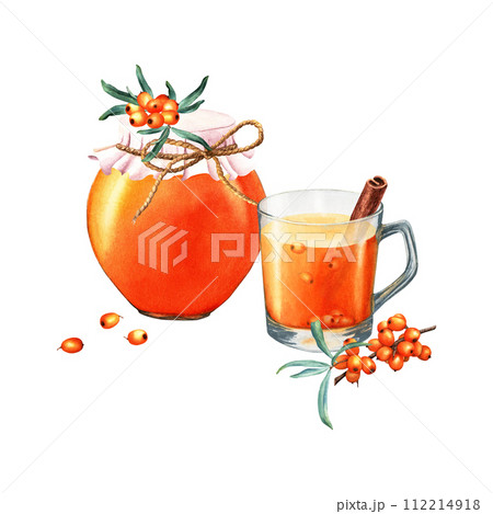 Sea buckthorn, cup of drink and glass jar with fabric cover filled with fruit, berry jam. Hand drawn watercolor food illustration isolated on white. For clip art cards menu label package Sea buckthorn, cup of drink and glass jar with fabric cover filled with fruit, berry jam. Hand drawn watercolor food illustration isolated on white. For clip art cards menu label package 112214918