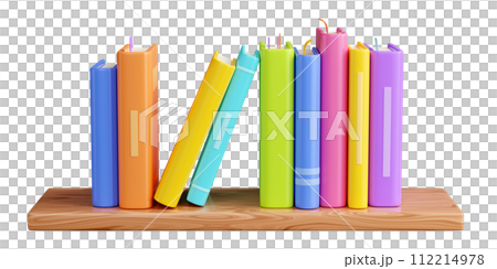 Book stack with hard cover standing with spine on wooden shelf. 3D render illustration of literature row on home, library or store bookshelf with wood texture for reading and education concept. Book stack with hard cover standing with spine on wooden shelf. 3D render illustration of literature row on home, library or store bookshelf with wood texture for reading and education concept. 112214978