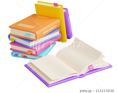 Pile of close paper books and open one with white pages, colorful hard cover and bookmarks lay and stand. 3D render illustration of literature stack and heap for school education and reading concept. Pile of close paper books and open one with white pages, colorful hard cover and bookmarks lay and stand. 3D render illustration of literature stack and heap for school education and reading concept. 112215038