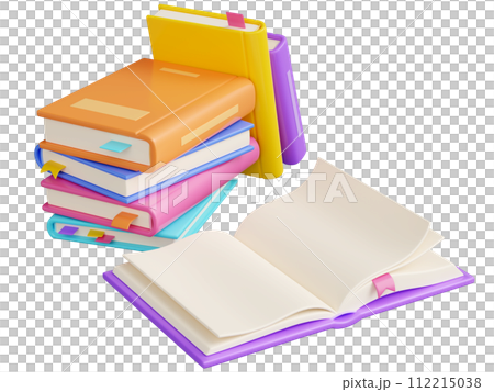 Pile of close paper books and open one with white pages, colorful hard cover and bookmarks lay and stand. 3D render illustration of literature stack and heap for school education and reading concept. Pile of close paper books and open one with white pages, colorful hard cover and bookmarks lay and stand. 3D render illustration of literature stack and heap for school education and reading concept. 112215038
