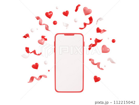 Mobile phone with confetti mockup. 3D cartoon render illustration of smartphone standing with empty white screen and flying white and red streamer and heart for congratulation or sale concept. Mobile phone with confetti mockup. 3D cartoon render illustration of smartphone standing with empty white screen and flying white and red streamer and heart for congratulation or sale concept. 112215042